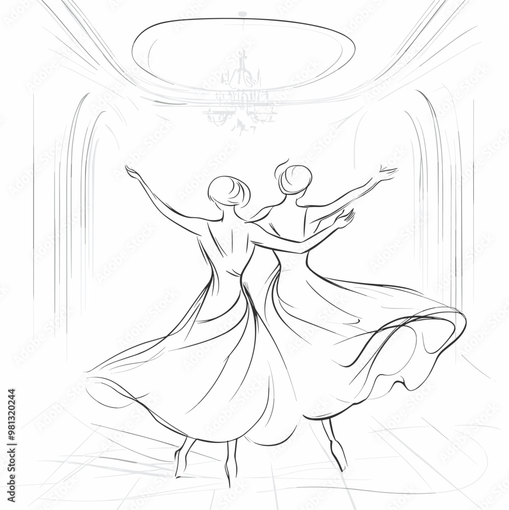 Fototapeta premium vector two girls in dresses dancing simple lines on white background .Generative AI