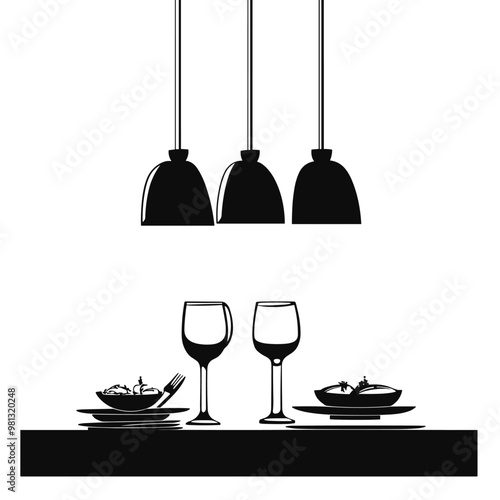 vector silhouette of table with restaurant utensils on white background .Generative AI