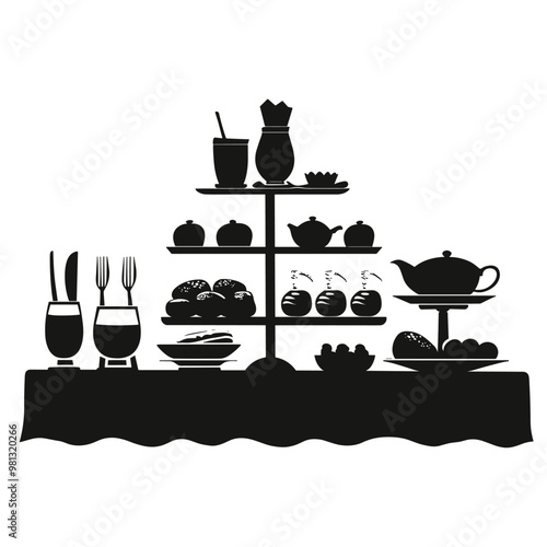 vector silhouette of table with restaurant utensils on white background .Generative AI