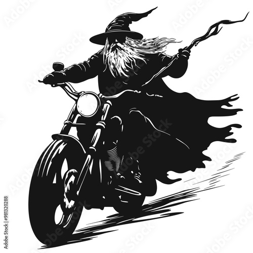 vector silhouette of a wizard on a motorcycle on a white background .Generative AI