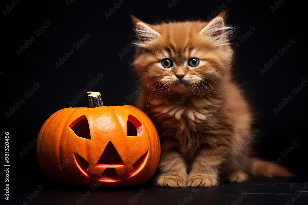 kitten and pumpkin, halloween background. Generative Ai kitten and pumpkin, halloween background. Generative Ai