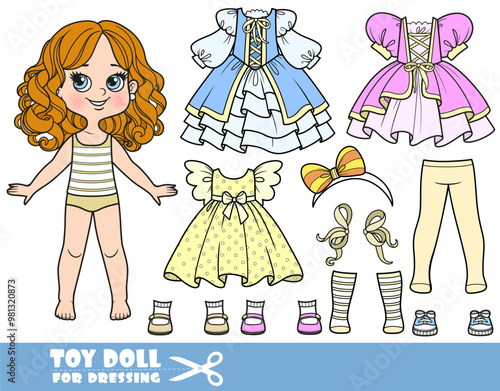 Cute cartoon girl with costume constructor with tights, shoes and dresses