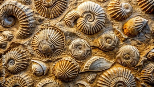 Close-up of ancient shell fossils embedded in a weathered stone slab, showcasing intricate details and textures of the fossilized shells against a natural stone backdrop.