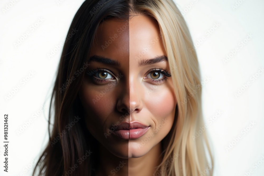 close up of woman person face with different color of skin white and black , generative AI close up of woman person face with different color of skin white and black , generative AI