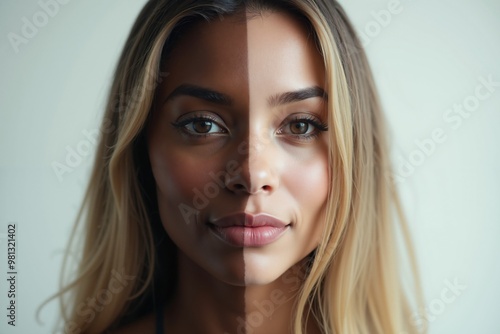 close up of woman person face with different color of skin white and black , generative AI