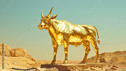 The golden calf from the Bible when the Israelites made an idol in the desert to worship while Moses was on Mount Sinai. photo