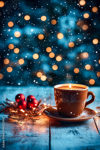 candle in a cup of coffee with christmas decorations, christmas magic, holiday spirit, winter festivities and joyful season