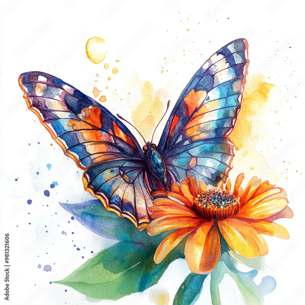 Watercolor Illustration of an Exotic Butterfly on a Vibrant Flower Watercolor Illustration of an Exotic Butterfly on a Vibrant Flower
