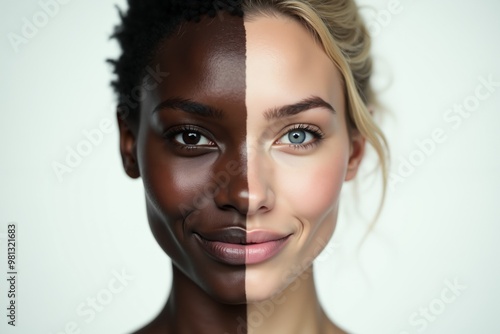 close up of woman person face with different color of skin white and black , generative AI