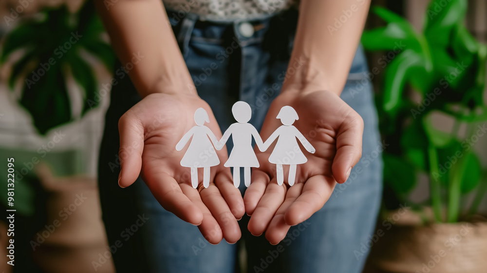 Hands holding a paper family cutout, representing family home, adoption, foster care, homeless support, mental health, homeschooling, and cost of living during recession concepts Hands holding a paper family cutout, representing family home, adoption, foster care, homeless support, mental health, homeschooling, and cost of living during recession concepts