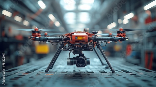 Detailed view of a delivery drone showcasing advanced mechanics in a modern workshop environment