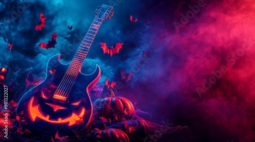 A Halloween-themed advertisement featuring a guitar, combining music and spooky elements. The guitar is decorated with Halloween motifs such as pumpkins, bats, and cobwebs.