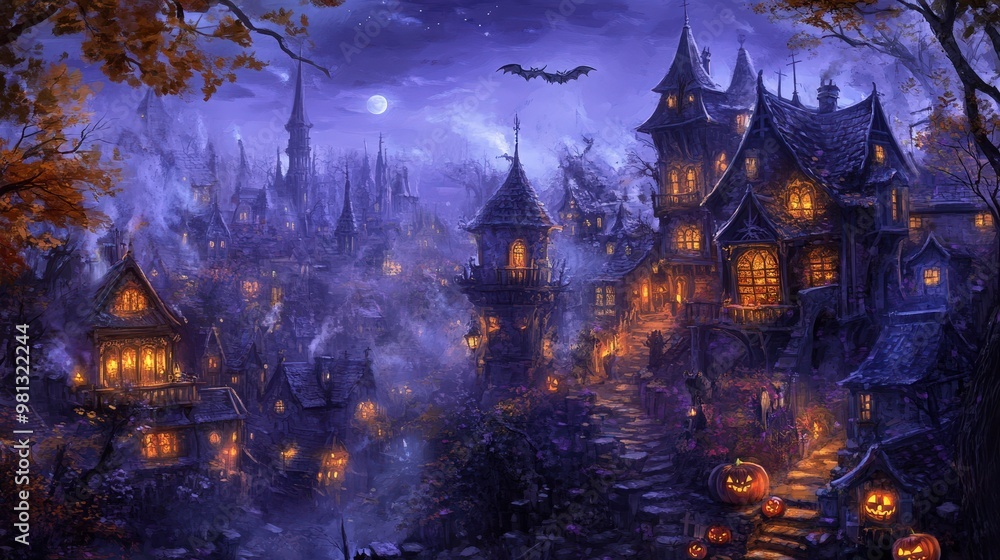 Halloween A painting of a town with a large castle Halloween A painting of a town with a large castle