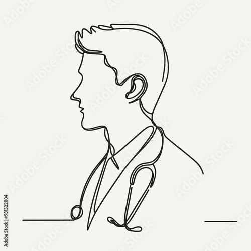 A man with a stethoscope is drawn in a line drawing. Concept of professionalism and expertise, as the man is a doctor. The simplicity of the line drawing emphasizes the focus on the man