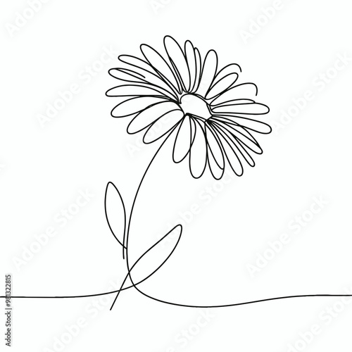 A flower is drawn in black and white. The flower is a daisy and is the main focus of the image. The flower is drawn in a simple, elegant style, with the stem and leaves drawn in a thin line