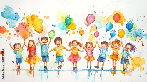 Cheerful children celebrating with colorful balloons, full of joy and laughter. A vibrant watercolor illustration of happiness. photo