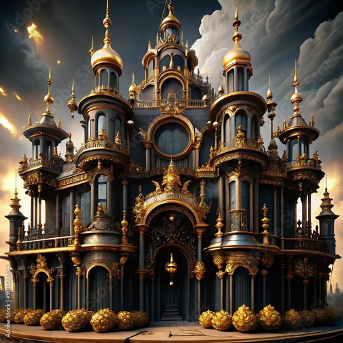 Eldritch rococo architecture using a black and gold color scheme with inexplicably floating portions, generated by AI photo