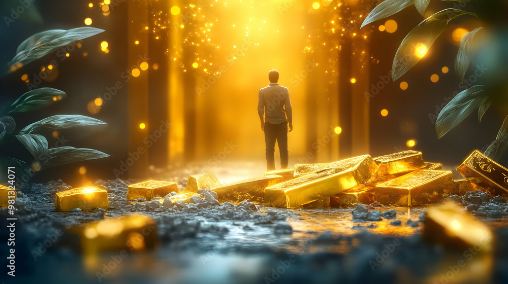 Man Stands Among Golden Bars in a Dreamy Forest Man Stands Among Golden Bars in a Dreamy Forest