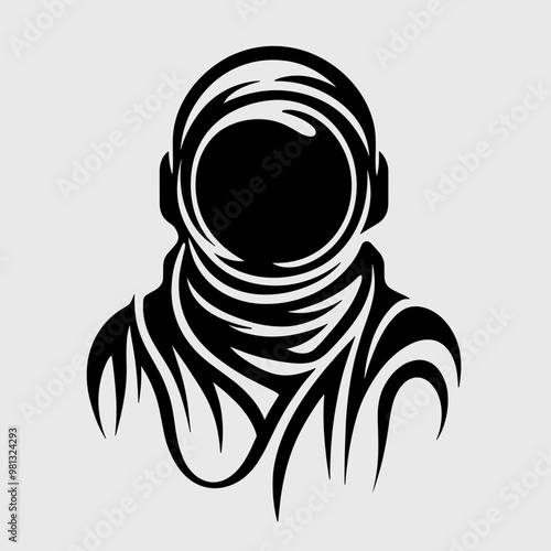 A black and white astronaut with a helmet on. The astronaut is wearing a black and white striped scarf