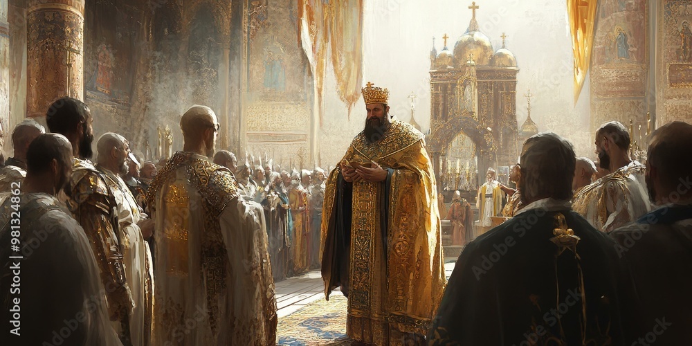 Obraz premium A crowned man in robes leads a group of people.