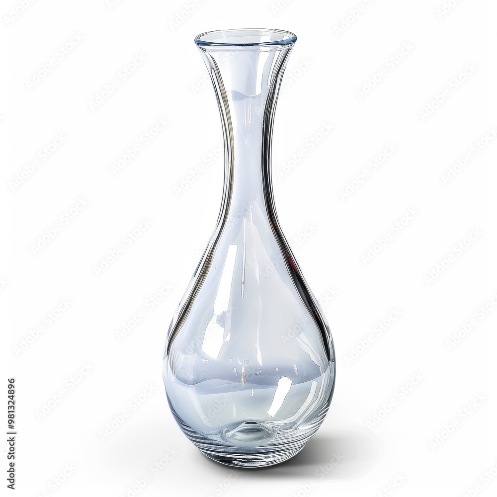 A tall, clear glass vase sits on a white background A tall, clear glass vase sits on a white background