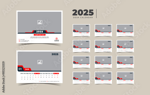 Desk Calendar 2025 planner corporate template design set of 12 months. template for annual calendar 2025.