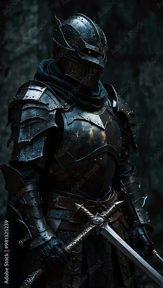 Dark-armored knight in shadows, evoking fantasy adventure. Dark-armored knight in shadows, evoking fantasy adventure.