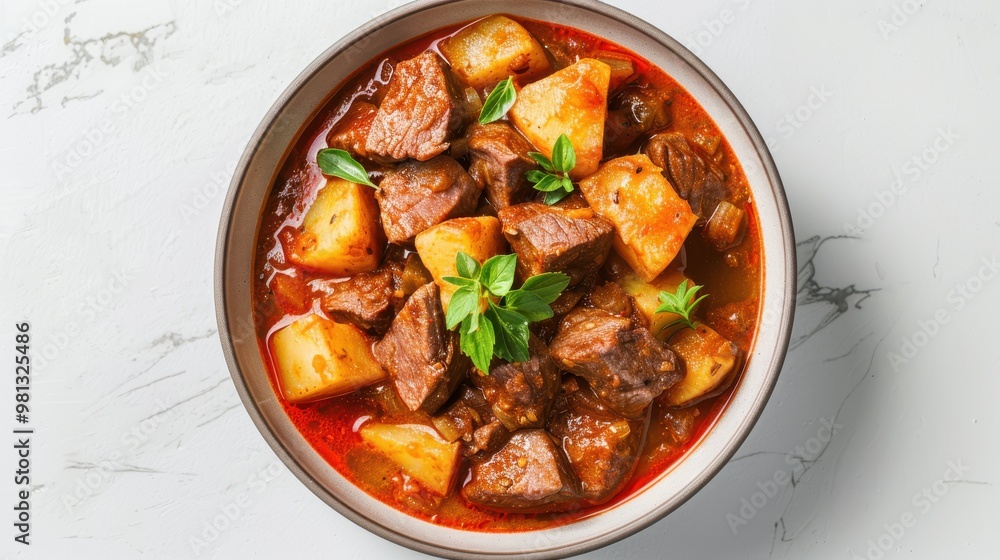 A bowl of stew with meat and potatoes A bowl of stew with meat and potatoes