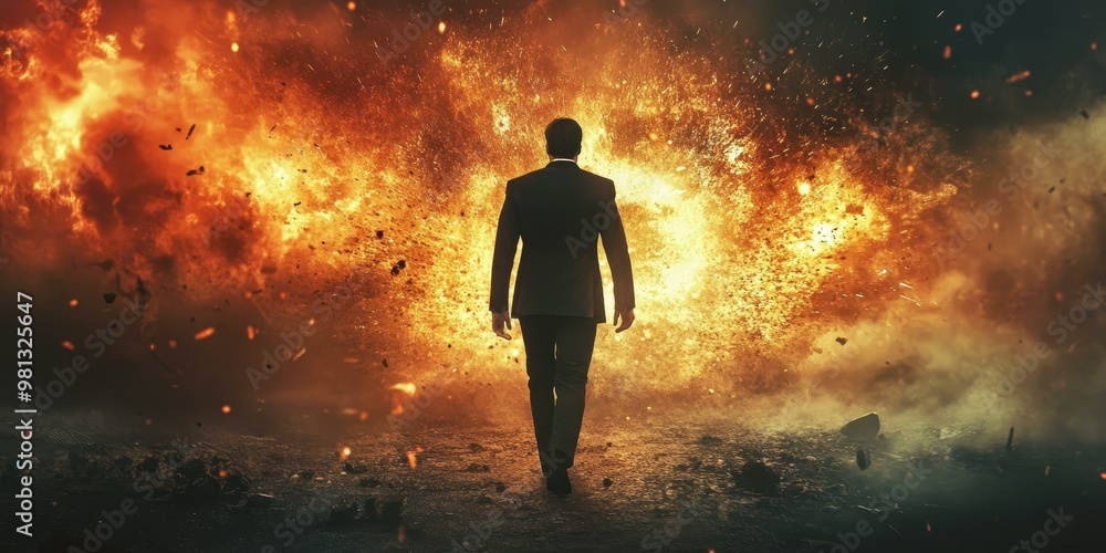 Man walking towards a fiery explosion. Man walking towards a fiery explosion.
