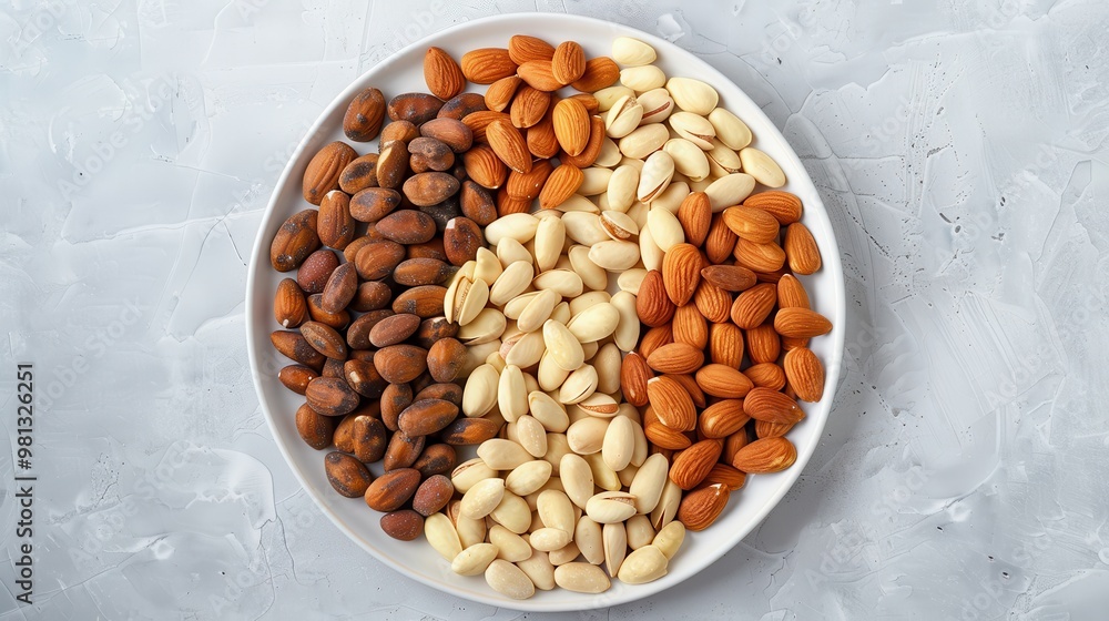 A plate of nuts with almonds, cashews, and peanuts