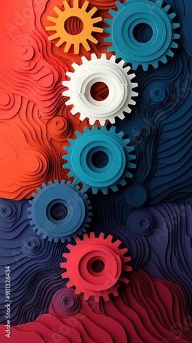  A cluster of vibrant gears perched atop a multicolored wall adjacent to one another