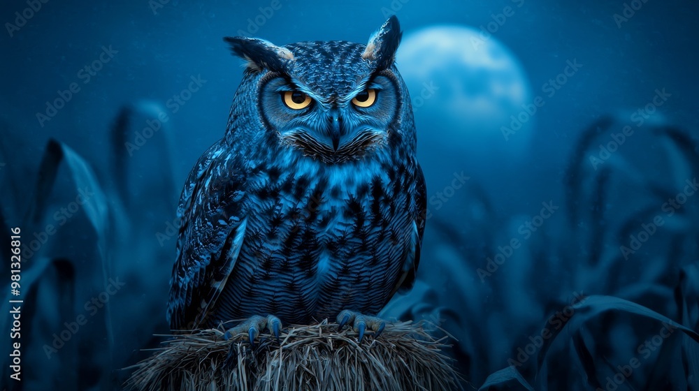 Mysterious Owl in Moonlit Cornfield Night Scene Mysterious Owl in Moonlit Cornfield Night Scene