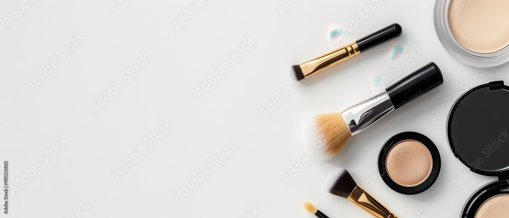 A makeup brush and a makeup palette are displayed on a white background A makeup brush and a makeup palette are displayed on a white background