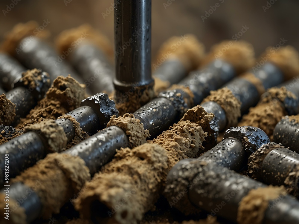 Detailed close-up of spinning drill bits covered in rock dust during mining. Detailed close-up of spinning drill bits covered in rock dust during mining.