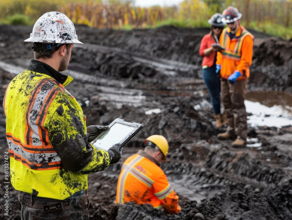 A man in a yellow vest is looking at a tablet while standing in a muddy field A man in a yellow vest is looking at a tablet while standing in a muddy field