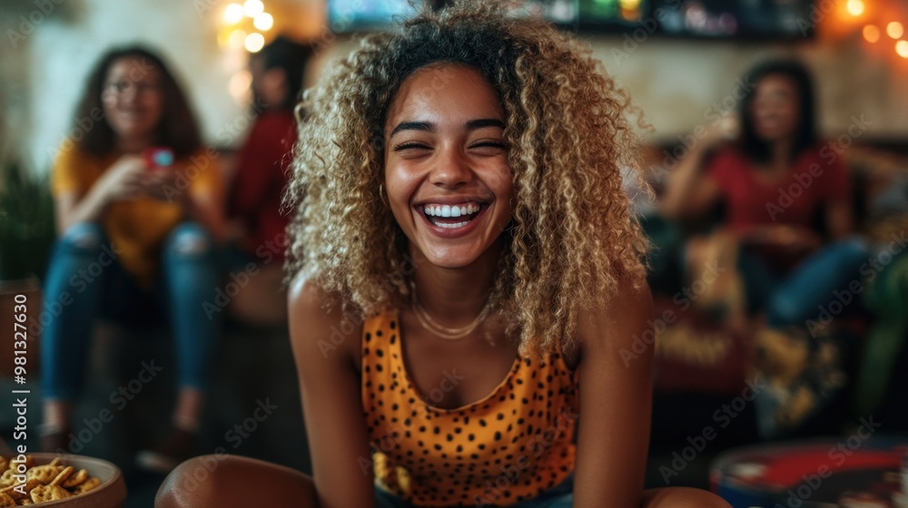 A woman with curly hair is smiling and sitting on a couch A woman with curly hair is smiling and sitting on a couch