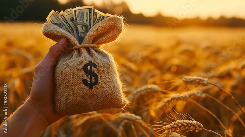 Close-up of a hand clutching a dollar-marked money bag in a golden wheat field, symbolizing investment in farming.
