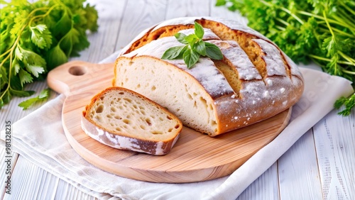 Artisan Bread on Wooden Cutting Board, Bakery-Style Bread Fresh from the Oven photo