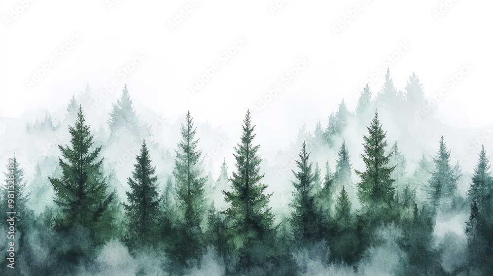 Fototapeta premium Serene Watercolor Illustration of Coniferous Forest with Spruce Trees on White Background