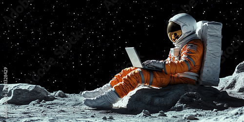 astronaut with laptop on the moon, AI generated