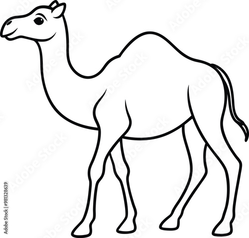 Elegant camel logo icon line art vector illustration with a refined silhouette and badge