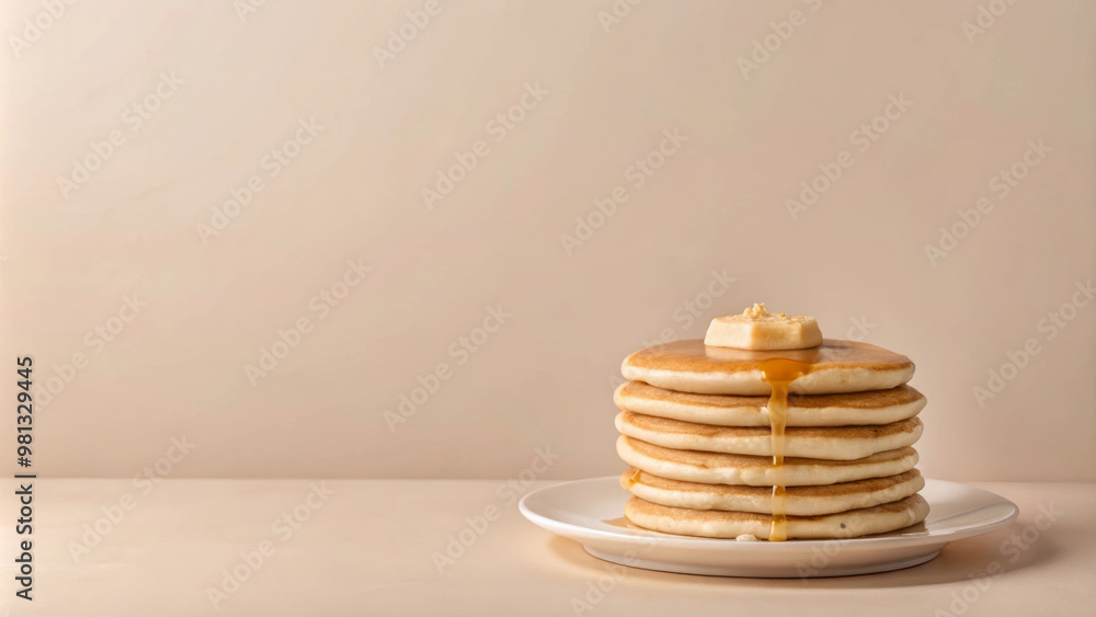 Fluffy buttermilk pancakes stacked high, topped with pat of butter and drizzled with golden maple syrup, create deliciously inviting breakfast scene Fluffy buttermilk pancakes stacked high, topped with pat of butter and drizzled with golden maple syrup, create deliciously inviting breakfast scene