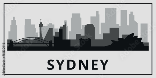 Black and white skyline of Sydney city. Australia. Vector on a gray background