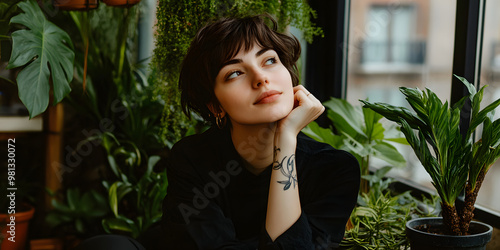 Person Sitting by Window with Cityscape View photo