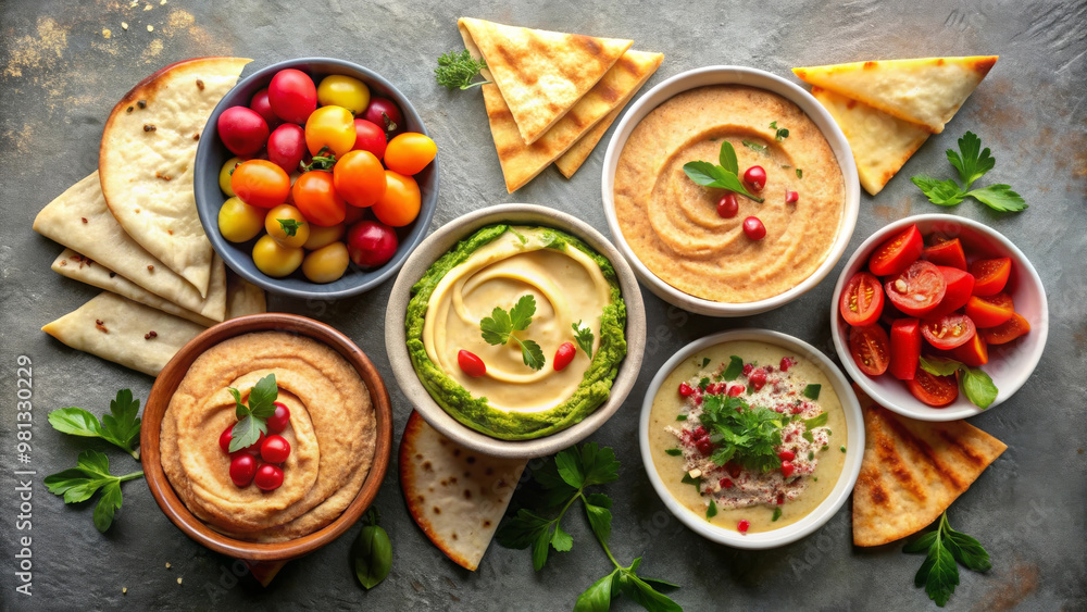 Delicious bowls of hummus and fresh vegetables create vibrant and inviting spread. colorful ingredients and textures evoke sense of joy and togetherness Delicious bowls of hummus and fresh vegetables create vibrant and inviting spread. colorful ingredients and textures evoke sense of joy and togetherness