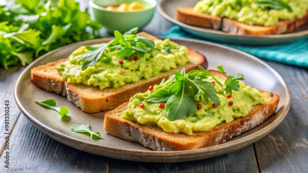 Delicious avocado toast topped with fresh greens on whole grain bread, perfect for healthy breakfast. Enjoy vibrant colors and flavors! Delicious avocado toast topped with fresh greens on whole grain bread, perfect for healthy breakfast. Enjoy vibrant colors and flavors!