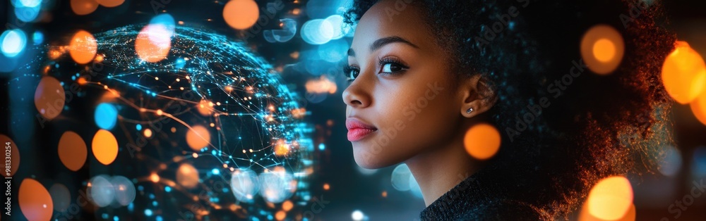 A woman reflects on the digital globe, pondering AI's role in global network security A woman reflects on the digital globe, pondering AI's role in global network security