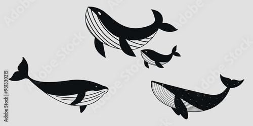 Set of black and white whales. Vector on a gray background