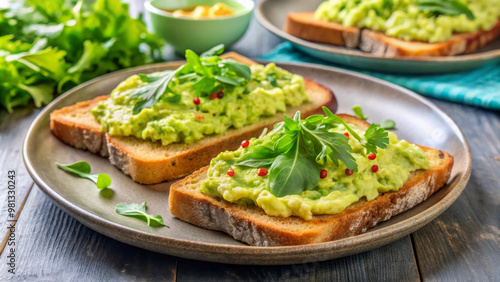 Delicious avocado toast topped with fresh greens on whole grain bread, perfect for healthy breakfast. Enjoy vibrant colors and flavors!