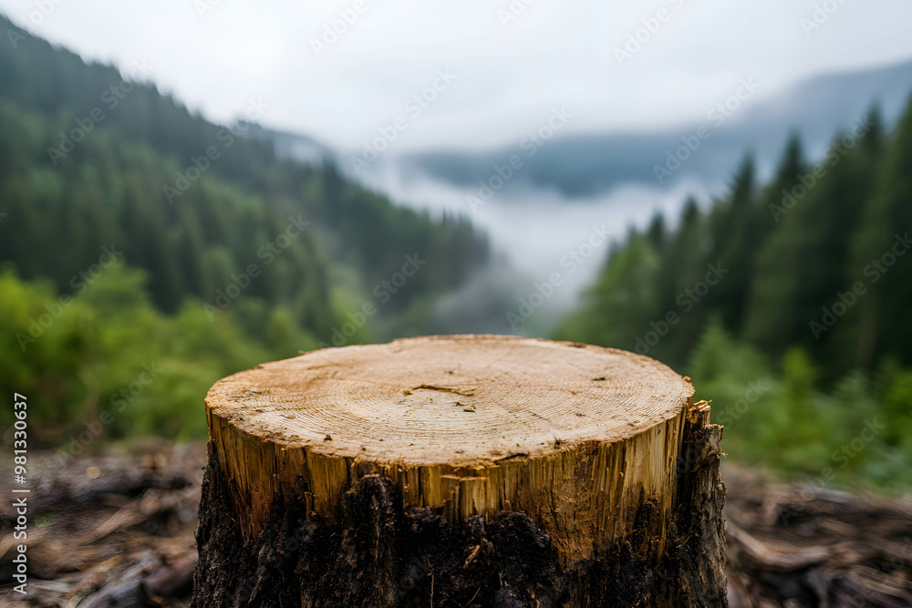 Tree stump in the middle of a deforested area, symbolizing the loss of nature and the impact of human activity Tree stump in the middle of a deforested area, symbolizing the loss of nature and the impact of human activity